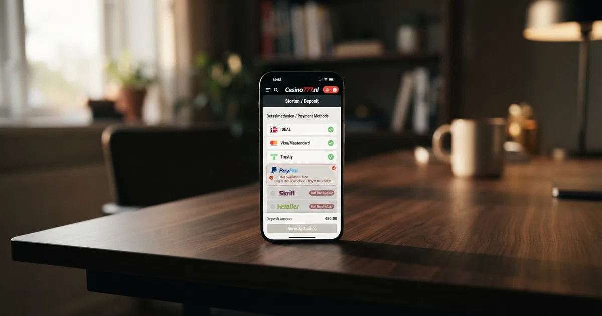 Het Neteller-logo en een smartphone met een casino-betaalpagina waarop Neteller grijs en niet-selecteerbaar is weergegeven