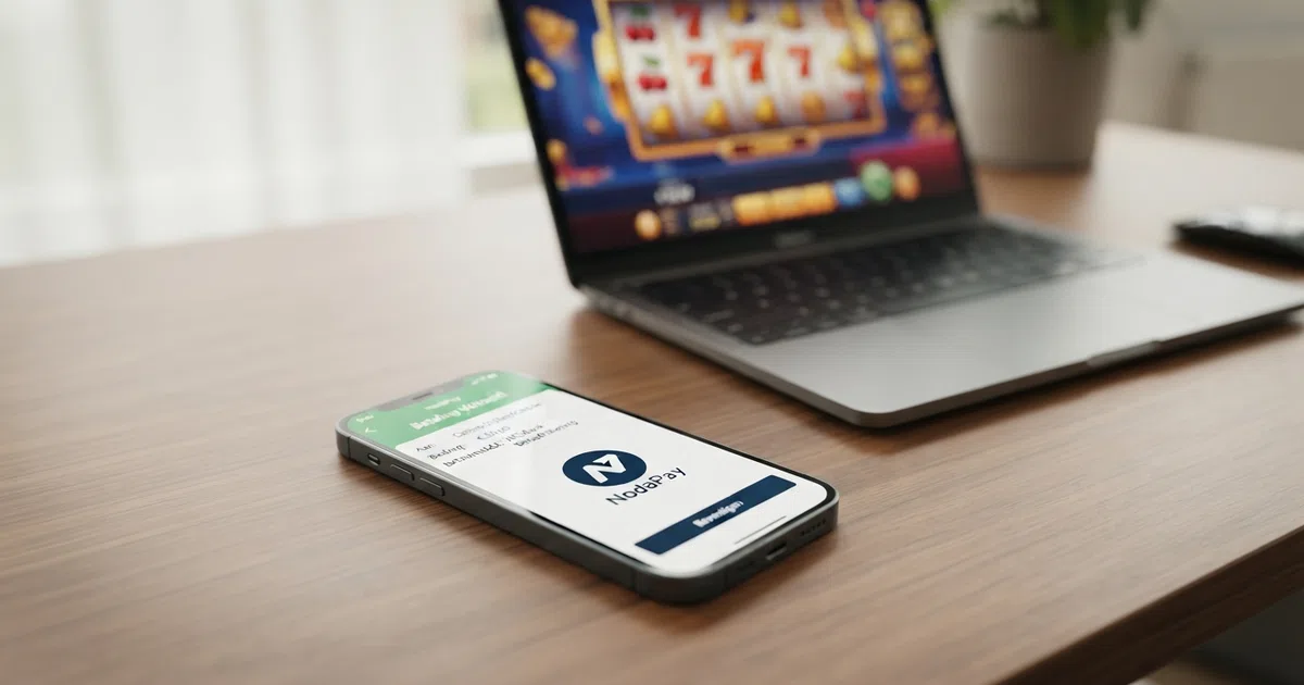 Een smartphone met een open bankapp en een online casino-interface op de achtergrond, verbonden door een betaalbevestiging.