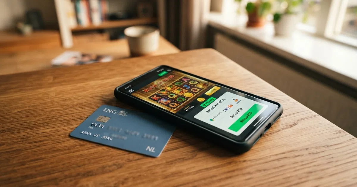 Een smartphone met een casino-interface naast een Nederlandse bankpas, die de koppeling tussen bank en online casino visualiseert