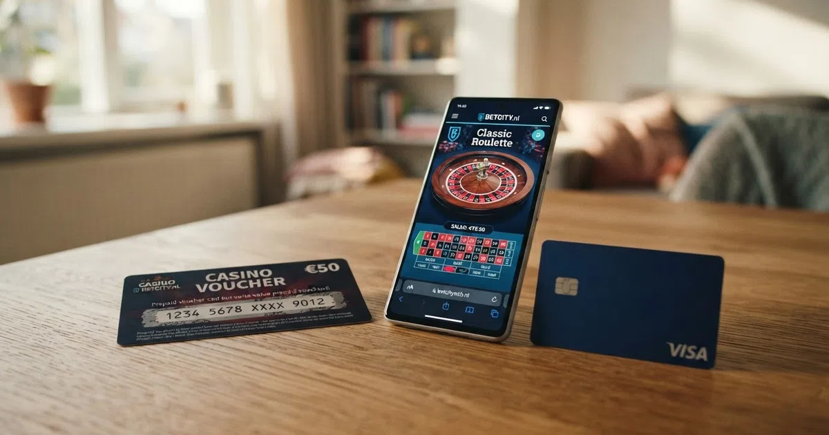 Een Paysafecard-voucher en een smartphone met een Nederlands online casino op het scherm, naast een pinpas met iDEAL-logo