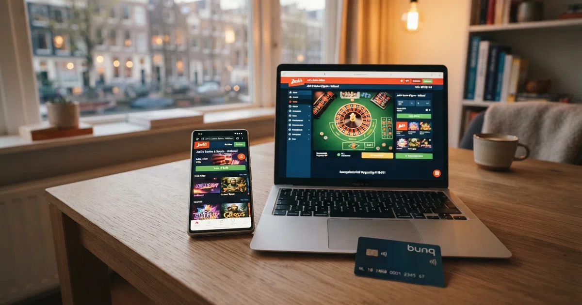 Een Nederlandse online casino-interface op een smartphone en een laptop, met een Revolut Visa-betaalkaart ernaast op een tafel.