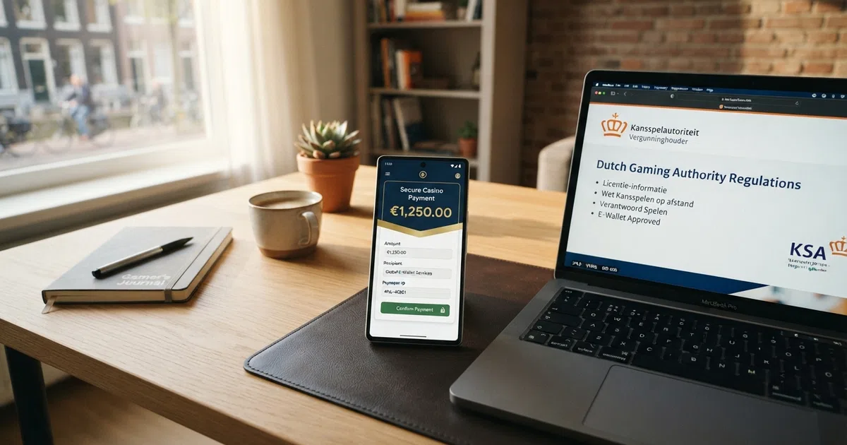 Skrill-logo en een online casino-betaalinterface op een smartphone naast een laptopscherm met het KSA-keurmerk