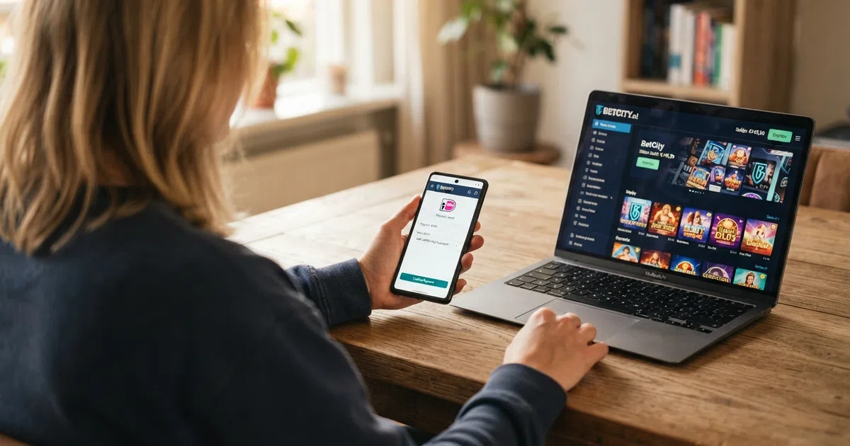 Een Nederlandse speler opent de Tikkie-app op zijn smartphone naast het scherm van een online casino, met het Tikkie-betaalverzoek zichtbaar op het telefoonscherm