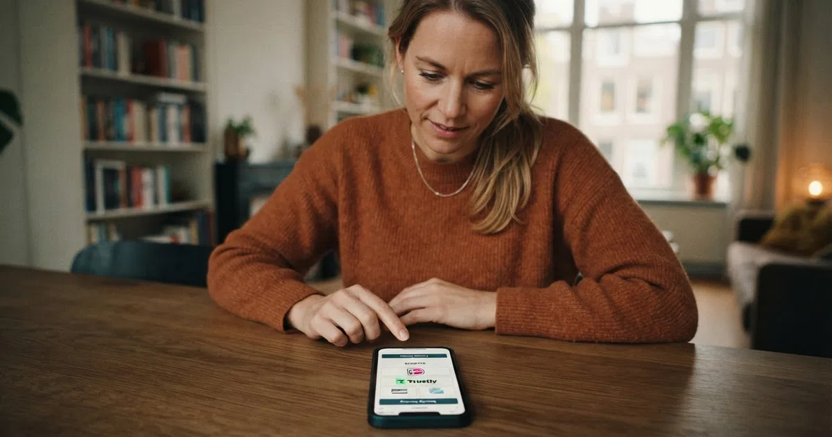 Een Nederlandse speler kijkt naar een smartphonescherm waarop een online casino-kassa met iDEAL- en bankopties zichtbaar is, met het Trustly-logo klein in de hoek als context