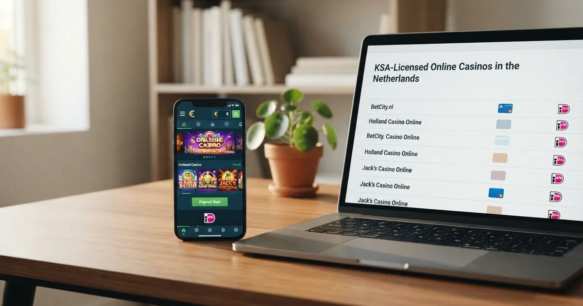 Een rij Nederlandse online casino-interfacepagina's met Visa als gemarkeerde betaaloptie, op een desktop- en een mobiel scherm naast elkaar