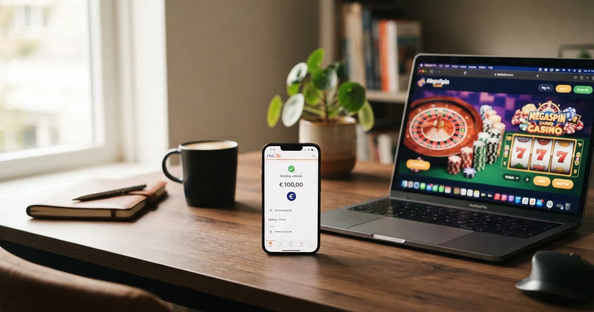 Een smartphone met het Volt-betaalscherm naast een laptop met een online casino-interface: een Nederlandse speler kiest Volt als stortingsmethode in de casino-kassa