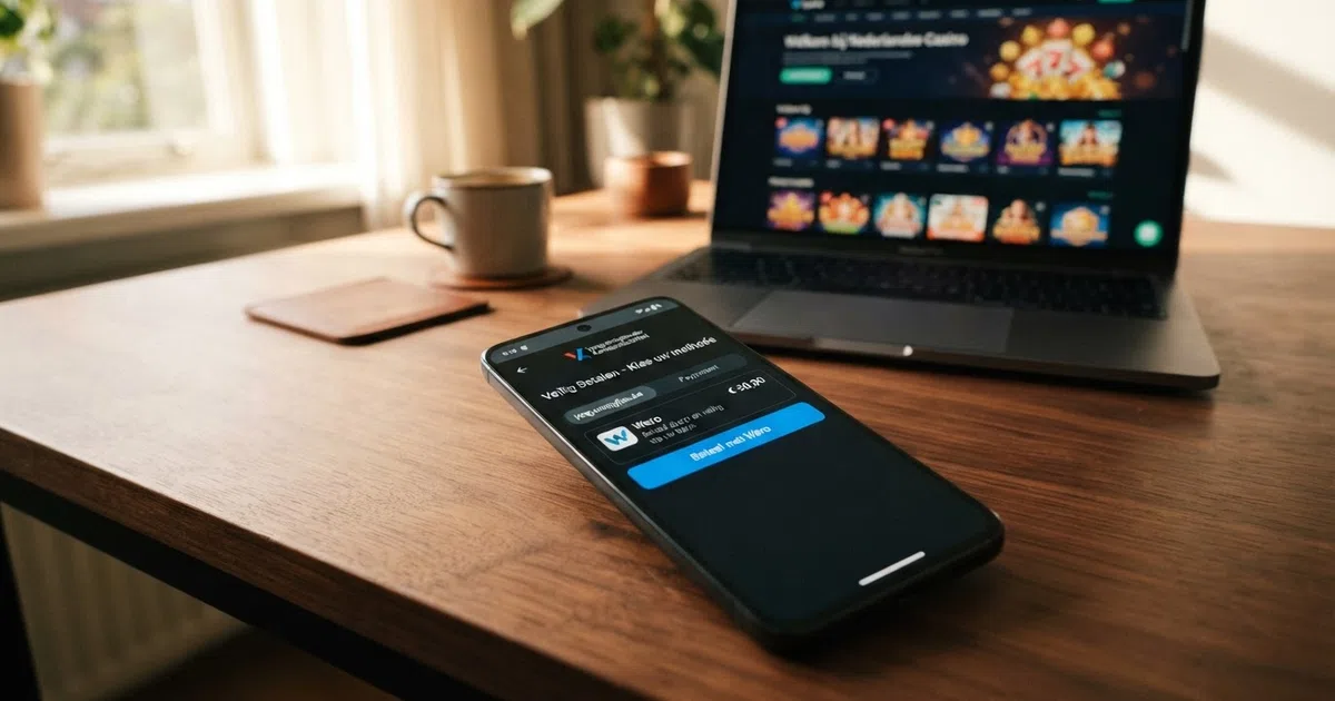 Een smartphone met het iDEAL | Wero-logo op het scherm bij een online casino-kassa