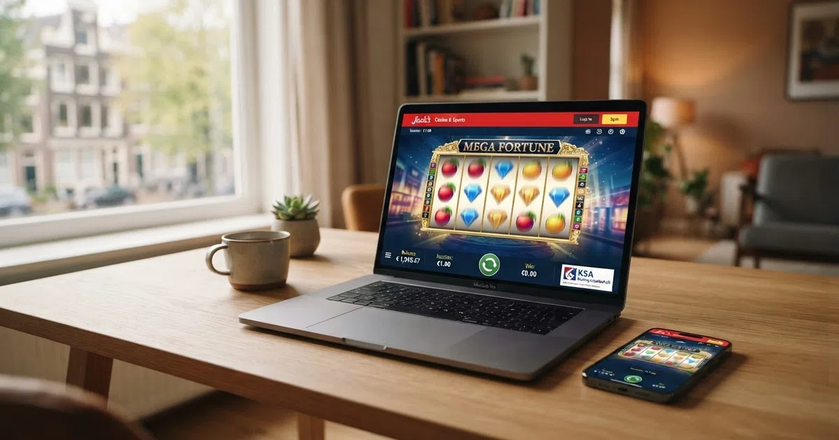 Een Nederlands online casino-interface op een laptopscherm met een KSA-keurmerk zichtbaar, een slotspel op de voorgrond en een smartphone ernaast met dezelfde casino-app