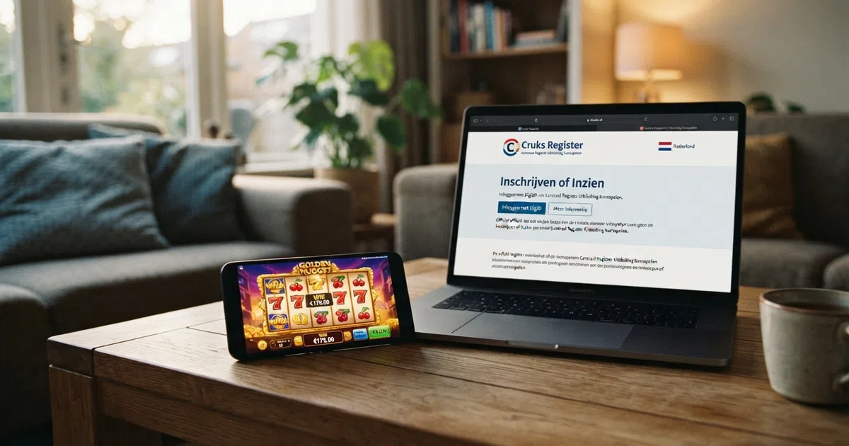 Een smartphone met een casinospel naast een laptopscherm waarop het Cruks-register zichtbaar is, met een Nederlandse vlag op de achtergrond.