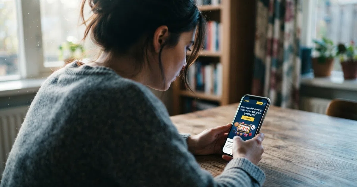 Een Nederlandse speler kijkt op zijn telefoon naar een online casino welkomstpagina met een “Bonus zonder storting”-banner.