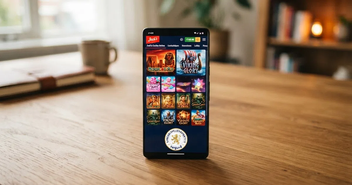 Een Nederlands online casino-interface met meerdere gokkasten-tegels op een smartphone-scherm en een zichtbaar Ksa-keurmerk onderin