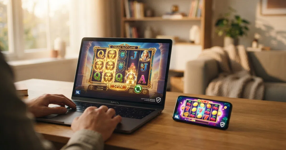 Een verzameling kleurrijke online slot-spellen op een computerscherm en mobiele telefoon, met het KSA-keurmerk zichtbaar in de hoek