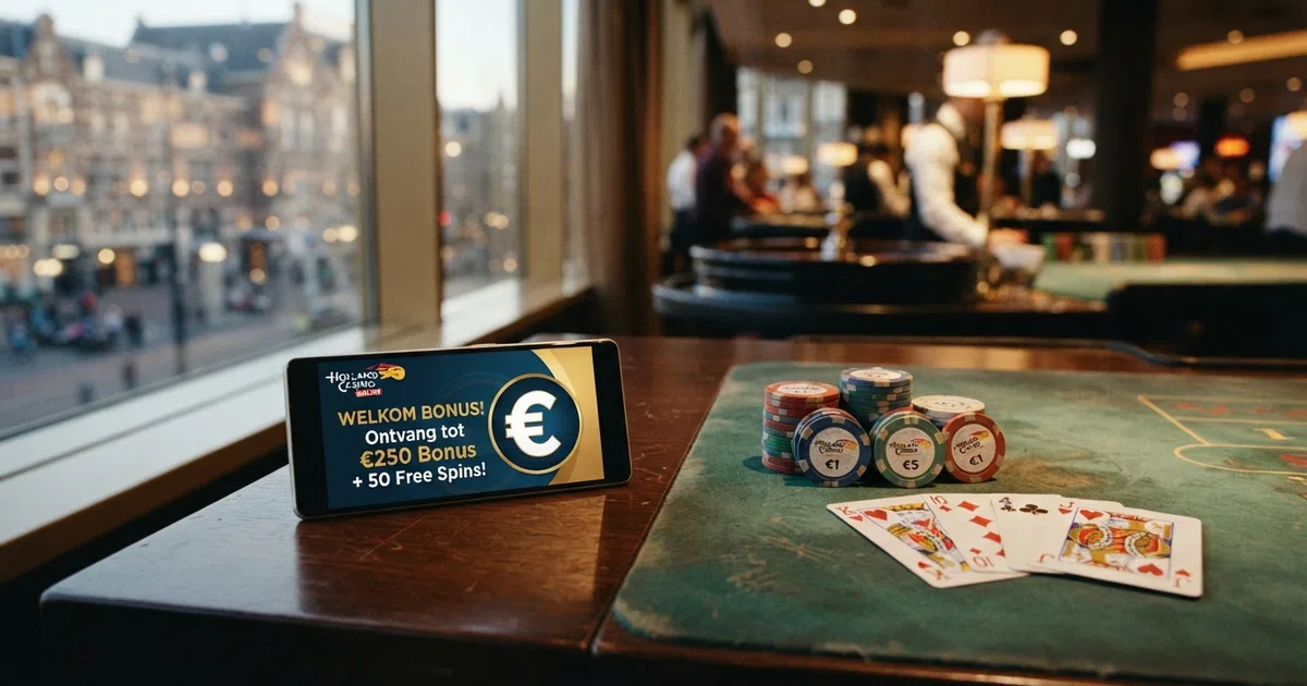 Een overzicht van stortingsbonussen bij Nederlandse online casino's met een smartphone die een bonusbanner toont, speelkaarten en fiches op een groen speelveld.