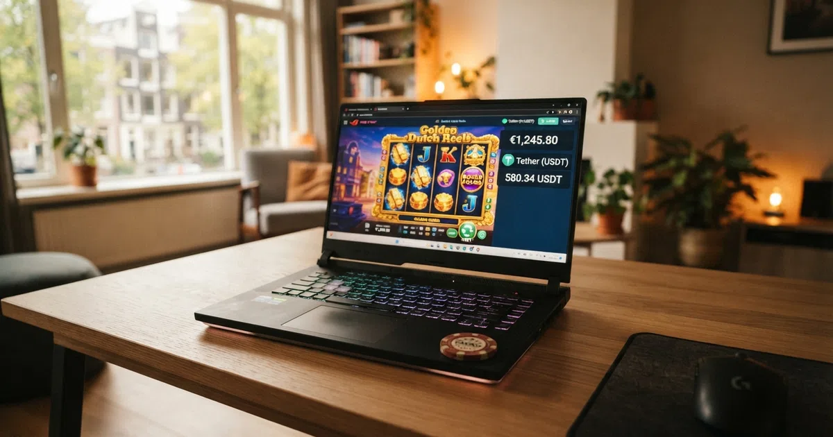 Een rijtje crypto-casinologo's op een donkere achtergrond met een Tether-munt en spelelementen op de voorgrond