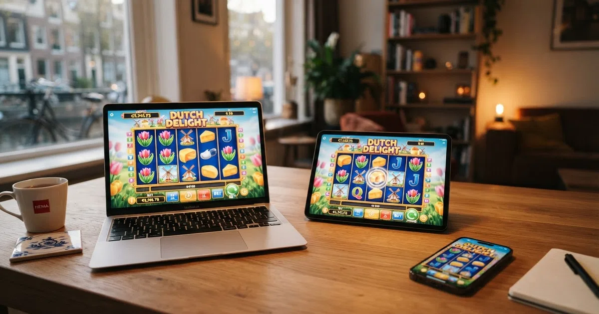 Een verzameling online gokkasten op verschillende apparaten — desktop, tablet en mobiel — met rollen, symbolen en winlijnen zichtbaar op het scherm