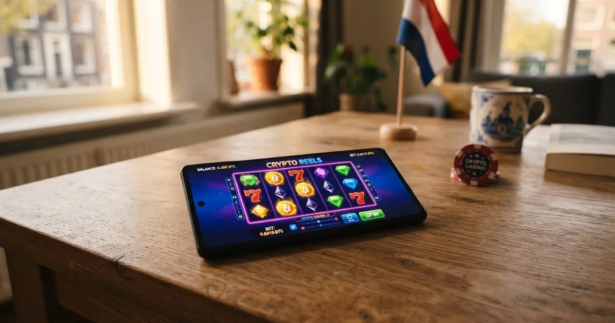 Een smartphone toont een crypto-casino-interface met USDC-logo, op de achtergrond een Nederlandse vlag en euromunten die de verbinding tussen crypto en de Nederlandse speler verbeelden