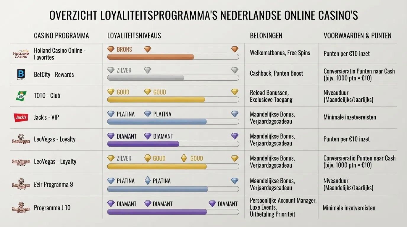 Vergelijking van Nederlandse online casino VIP-programma's met hun niveaus, beloningen en voorwaarden in een overzichtelijke opstelling