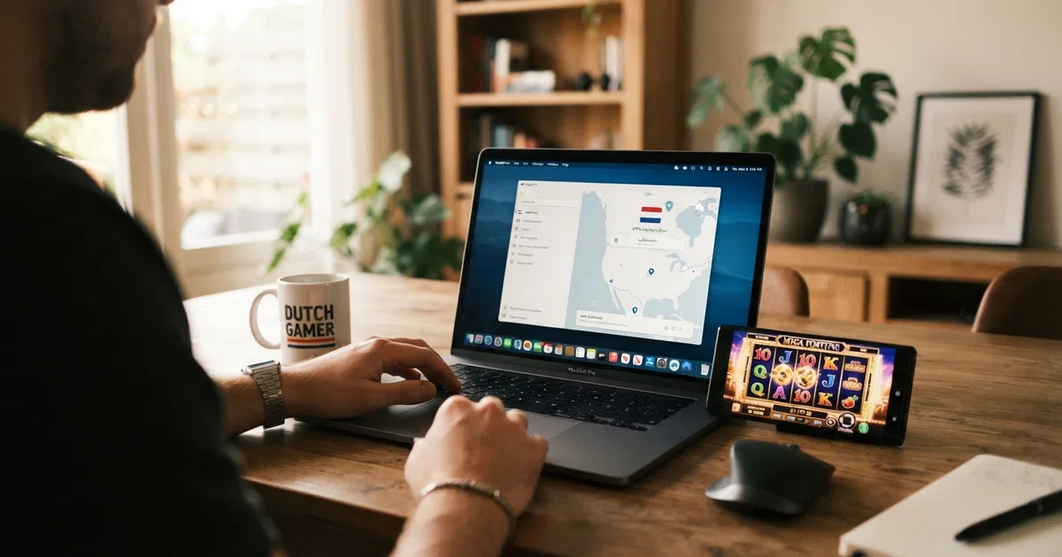 Een laptop met een VPN-interface naast een casinospel op het scherm, met een Nederlandse context zichtbaar in de interface-elementen