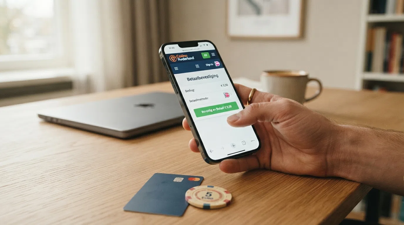 Een smartphone met een iDEAL-betaalpagina en een €5-bedrag ingevuld op het scherm