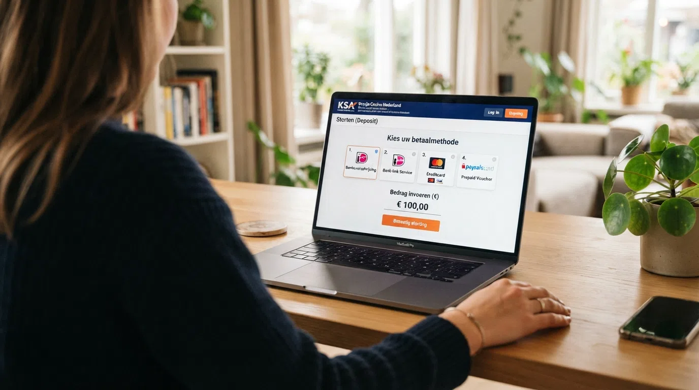 Overzicht van betaalmethoden op het stortingsscherm van een KSA-casino: iDEAL, Trustly, creditcard en Paysafecard als alternatieven