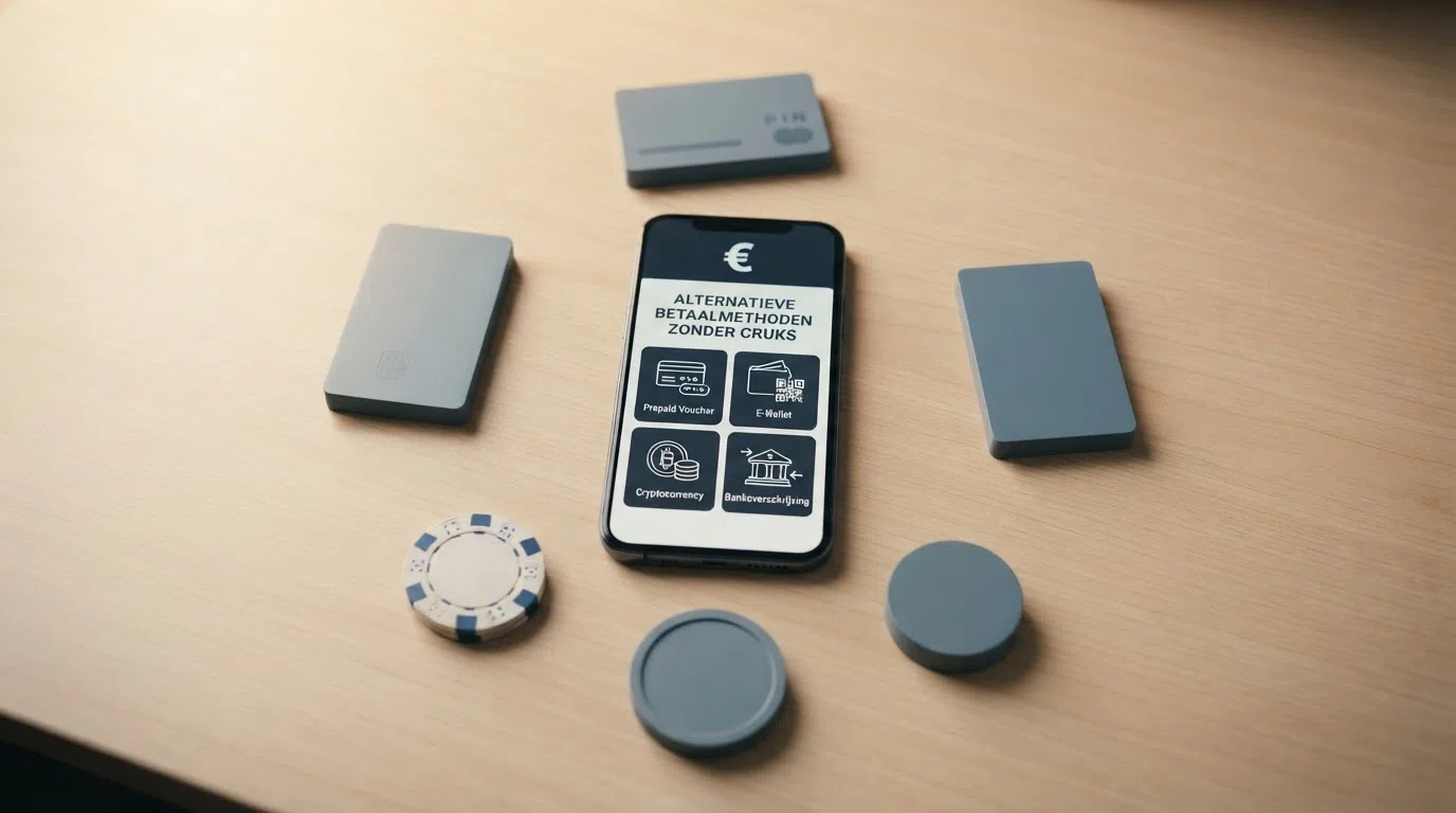 Een smartphone met daarop de logo's van Trustly, Skrill, paysafecard en crypto, iDEAL is grijs en doorgestreept