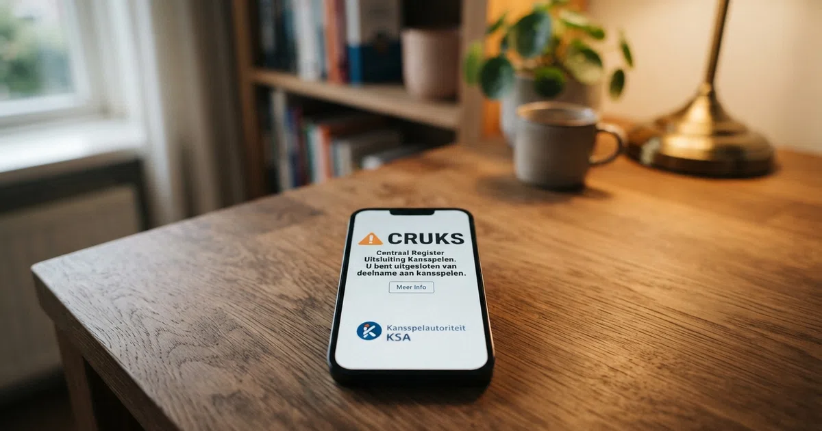 Een Nederlandse smartphone met daarop het logo van de Kansspelautoriteit en een waarschuwingsicoon naast de woorden “Cruks” en “geen vergunning”