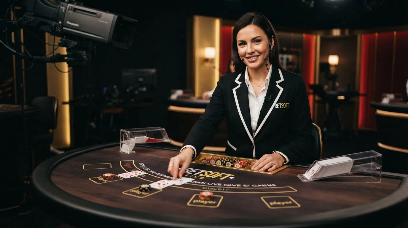 Een live-dealertafel vanuit de Betsoft-studio: een dealer in beeld met roulettewiel of blackjacktafel, rode belichting