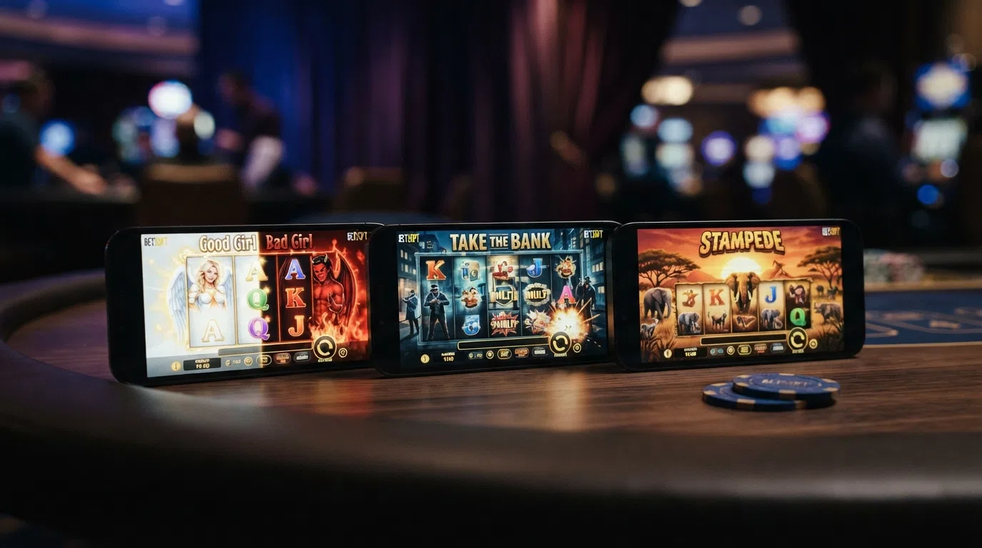 Drie Betsoft-gokkasten in beeld: Good Girl Bad Girl met het yin-yang dual-mode symbool, Take the Bank met kluizen en gouden staven, Stampede met Afrikaanse savanne-dieren
