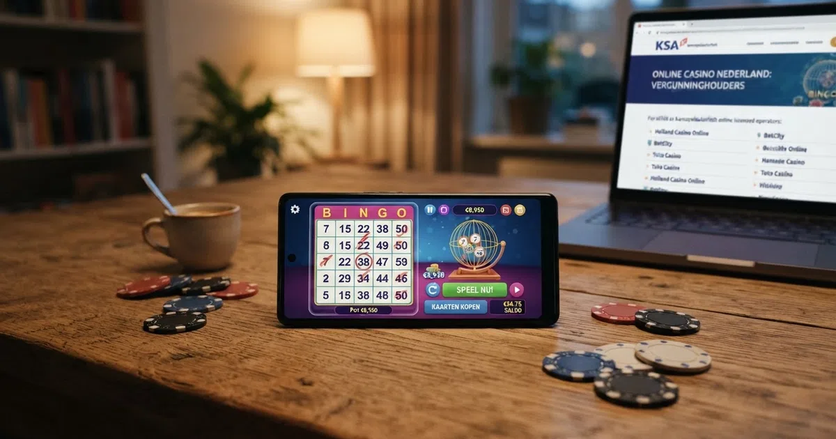 Online bingokaarten, een digitale bingomolen en het KSA-keurmerk op een scherm, met de logo's van de besproken legale aanbieders op de achtergrond