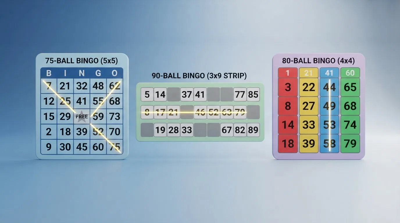 Bingokaarten van 75-ball (5×5 raster), 90-ball (3×9 strook) en 80-ball (4×4 raster) naast elkaar, met gemarkeerde nummers en een winnende lijn