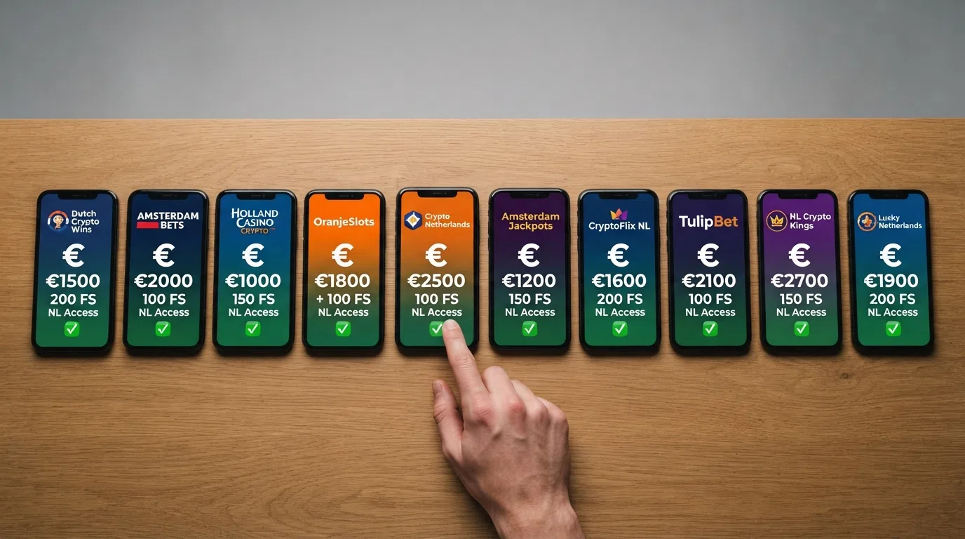 Tien casino-merken in een rij, met naast elk merk het bonusbedrag, het aantal free spins en een vinkje of kruis bij NL-toegang
