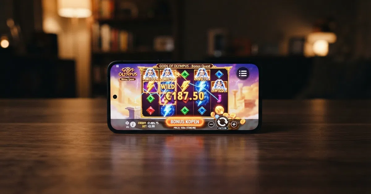Een screenshot van een online slot met een zichtbare bonus buy-knop, met het prijskaartje in multiplicitiet van de inzet prominent in beeld