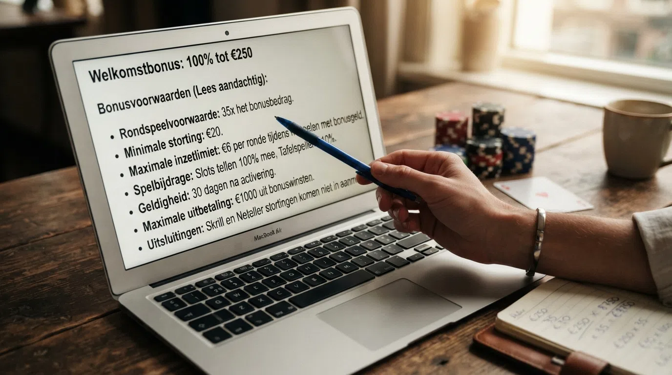 Een welkomstbonus-scherm van een online casino, met de kleine lettertjes van de bonusvoorwaarden uitvergroot