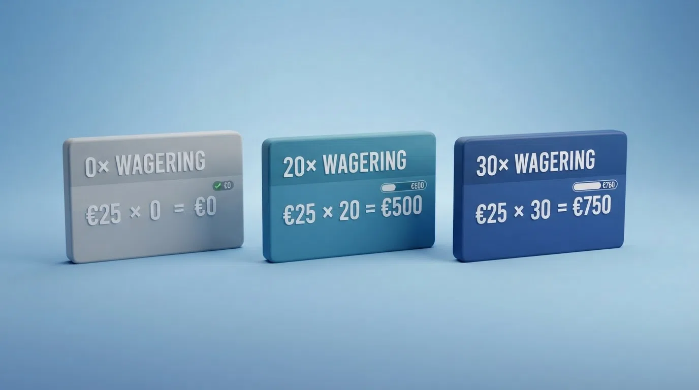 Drie gestileerde bonuskaarten met oplopende rondspeelvoorwaarden (0×, 20×, 30×) naast een eenvoudige rekensom: €25 × 30 = €750