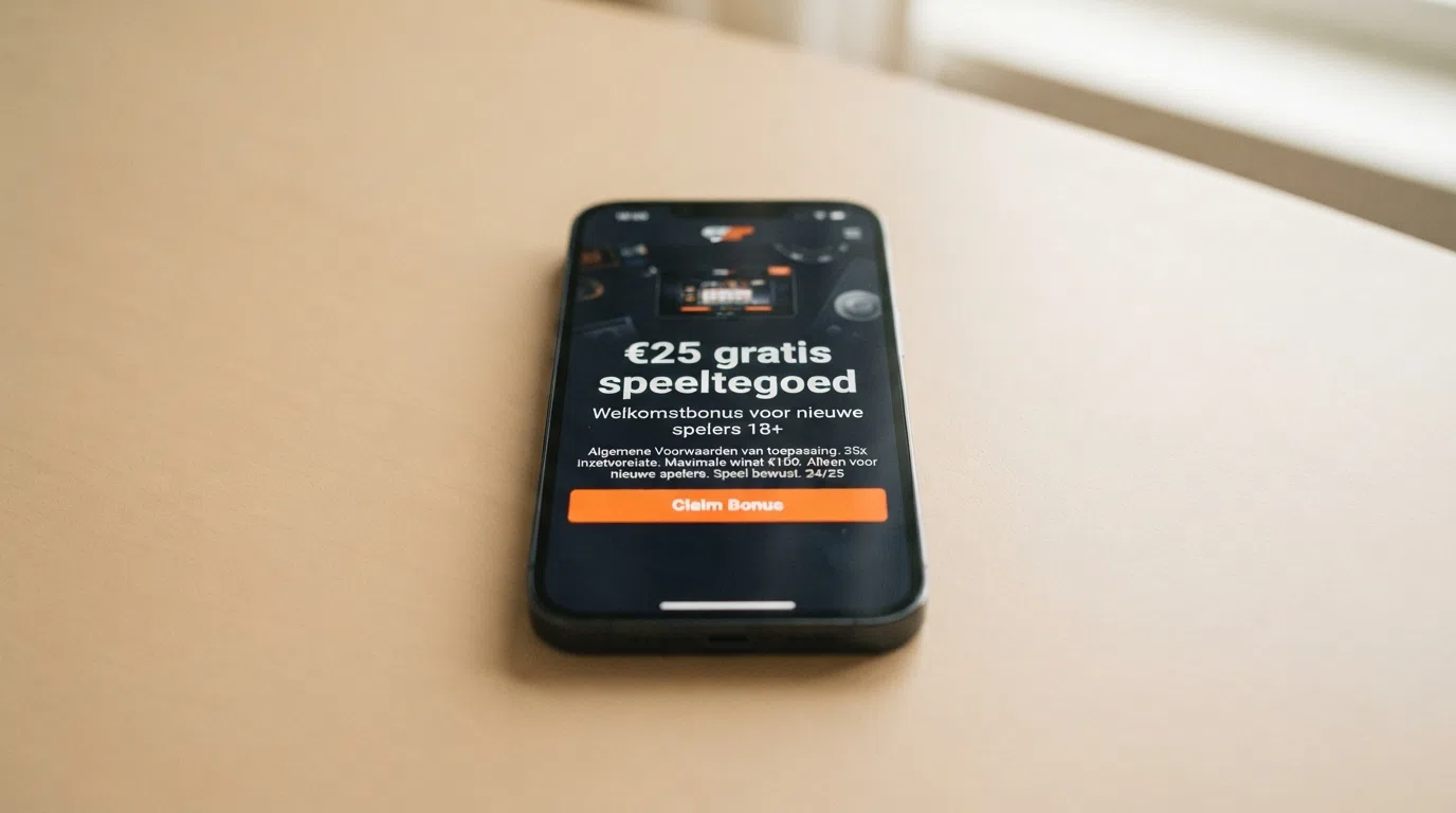 Een close-up van een Nederlands online casino-bonusscherm met de tekst “€25 gratis speeltegoed” en de rondspeelvoorwaarden in kleine letters eronder