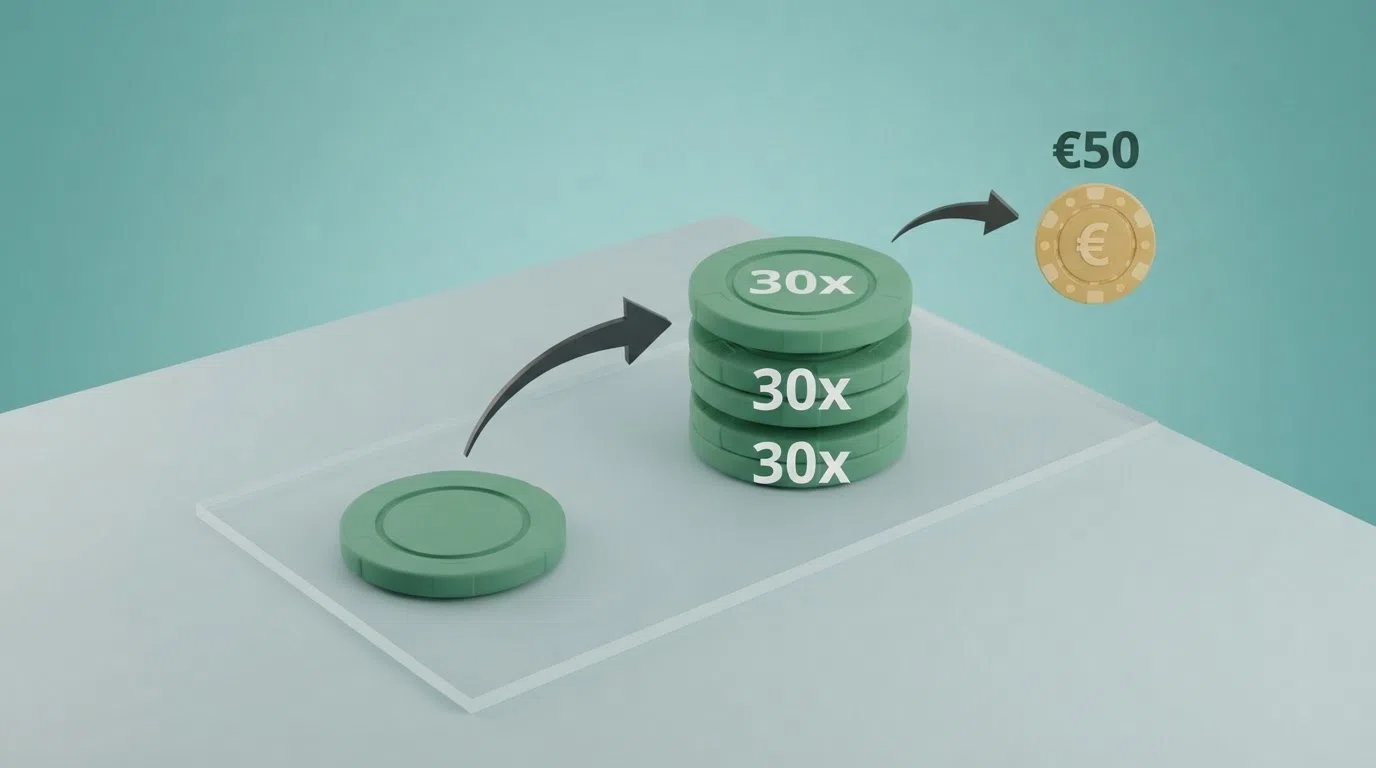 Schematische weergave van hoe een no-deposit bonus werkt: registratie → gratis speeltegoed → rondspeeleis → opnamelimiet → uitbetaling