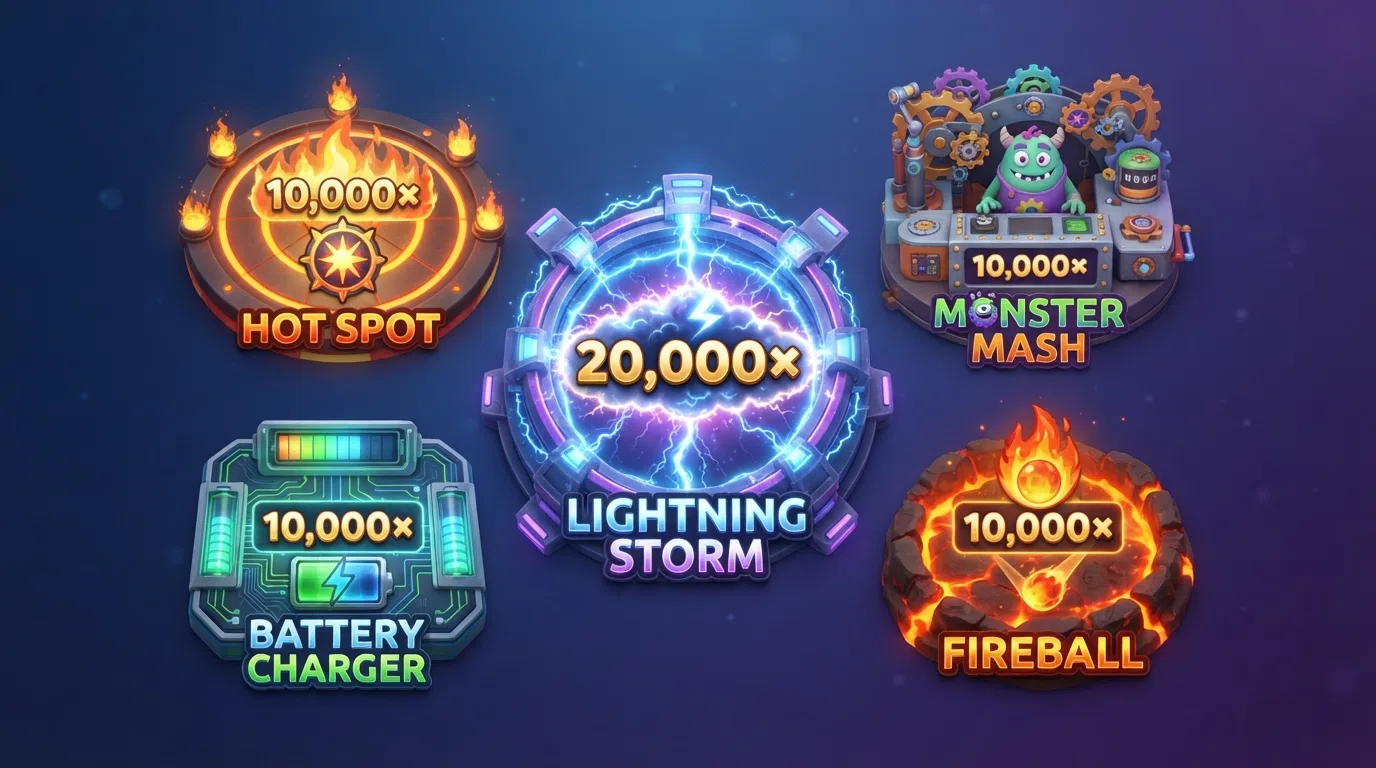 Overzicht van de vijf Lightning Storm-bonusspellen met hun namen, maximale multipliers en karakteristieke visuele elementen per bonusronde