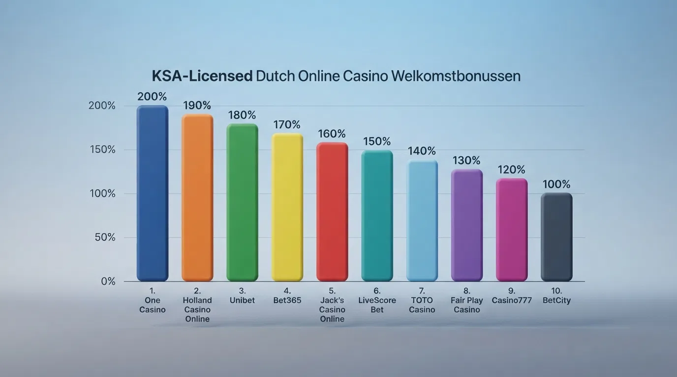 Een overzichtelijk raster met de logo's of namen van de tien besproken KSA-casino's, gerangschikt op bonuspercentage