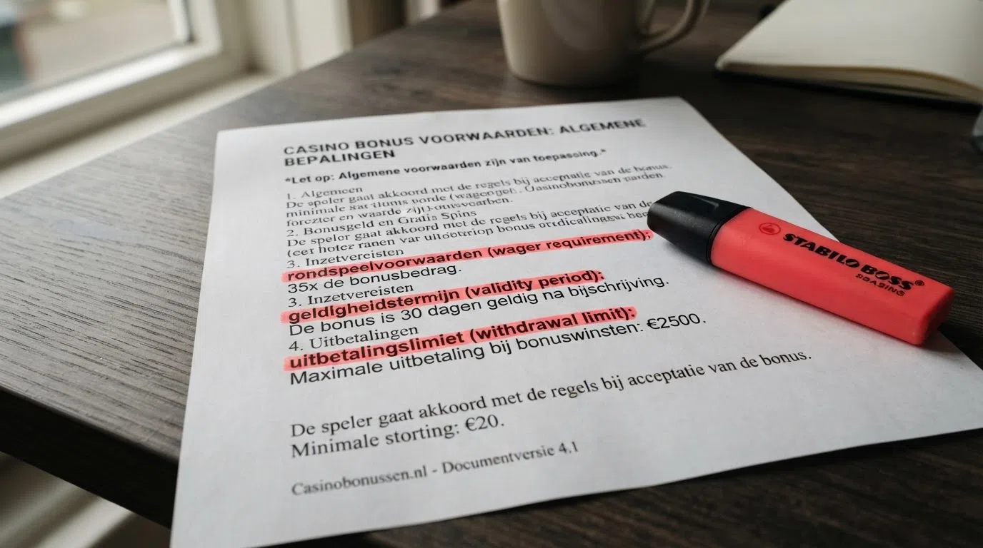 Een gestileerde close-up van bonusteksten met een rode markeerstift die de rondspeelvoorwaarden, de geldigheidstermijn en de uitbetalingslimiet accentueert