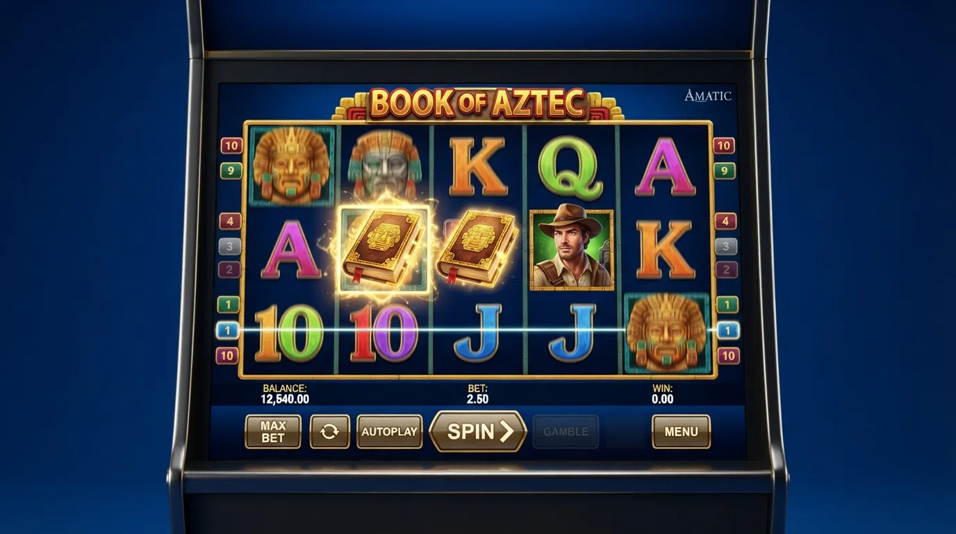 Het 5×3-speelveld van Book of Aztec met de tien vaste winlijnen en het goudkleurige Book-symbool dat zowel als wild als scatter fungeert