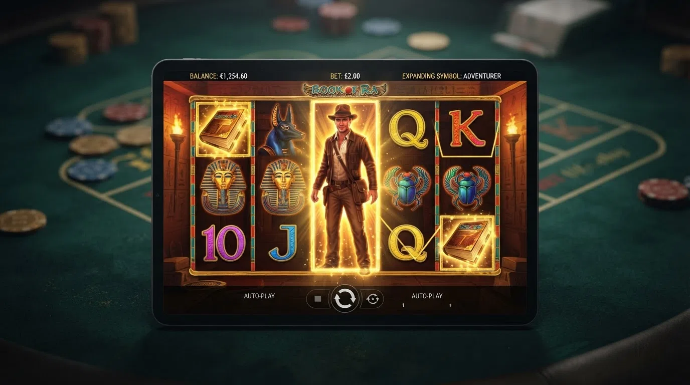 Een expanding symbool dat een volledige rol vult met Rich Wilde tijdens de Book of Dead gratis-spins-bonusronde, naast de andere rollen in het spel