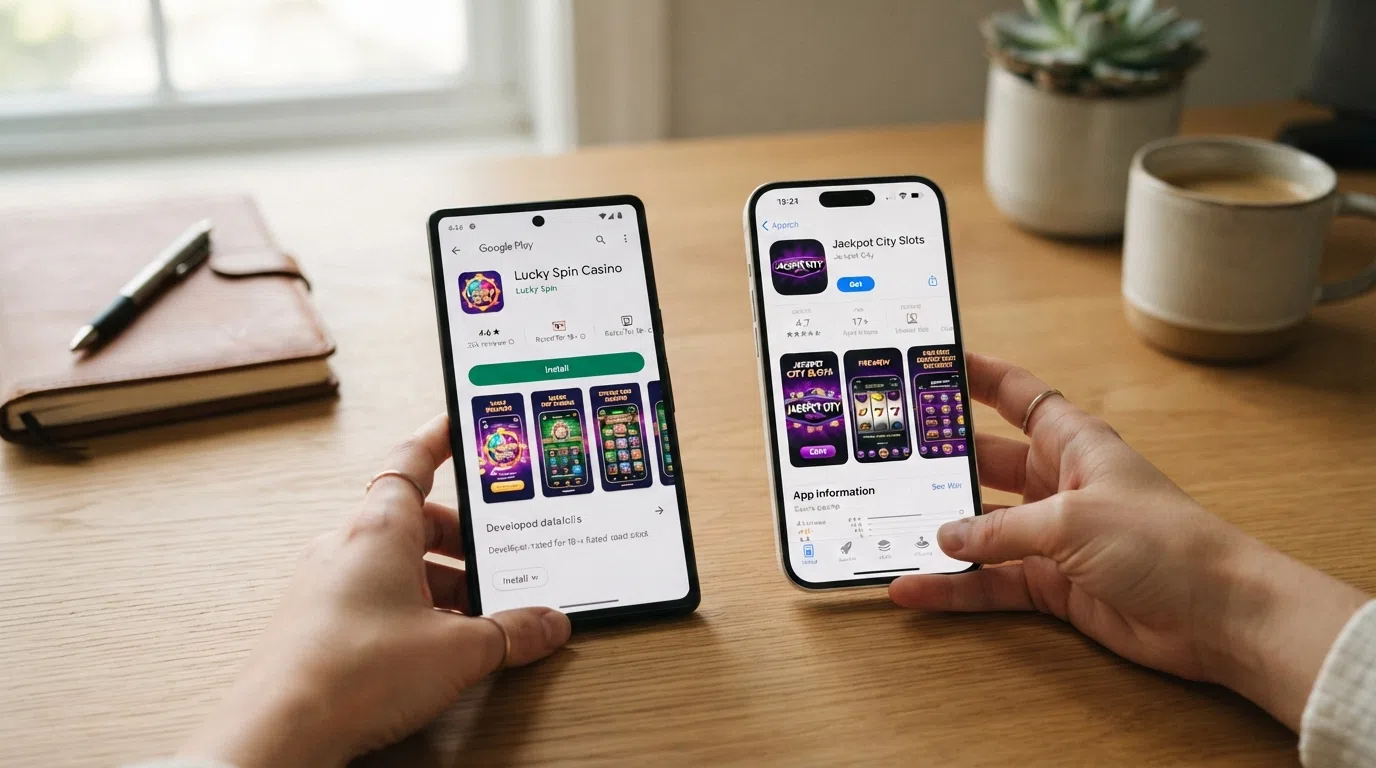 Twee smartphones naast elkaar: links een Android-toestel met Google Play Store open op een casino app-pagina, rechts een iPhone met de App Store