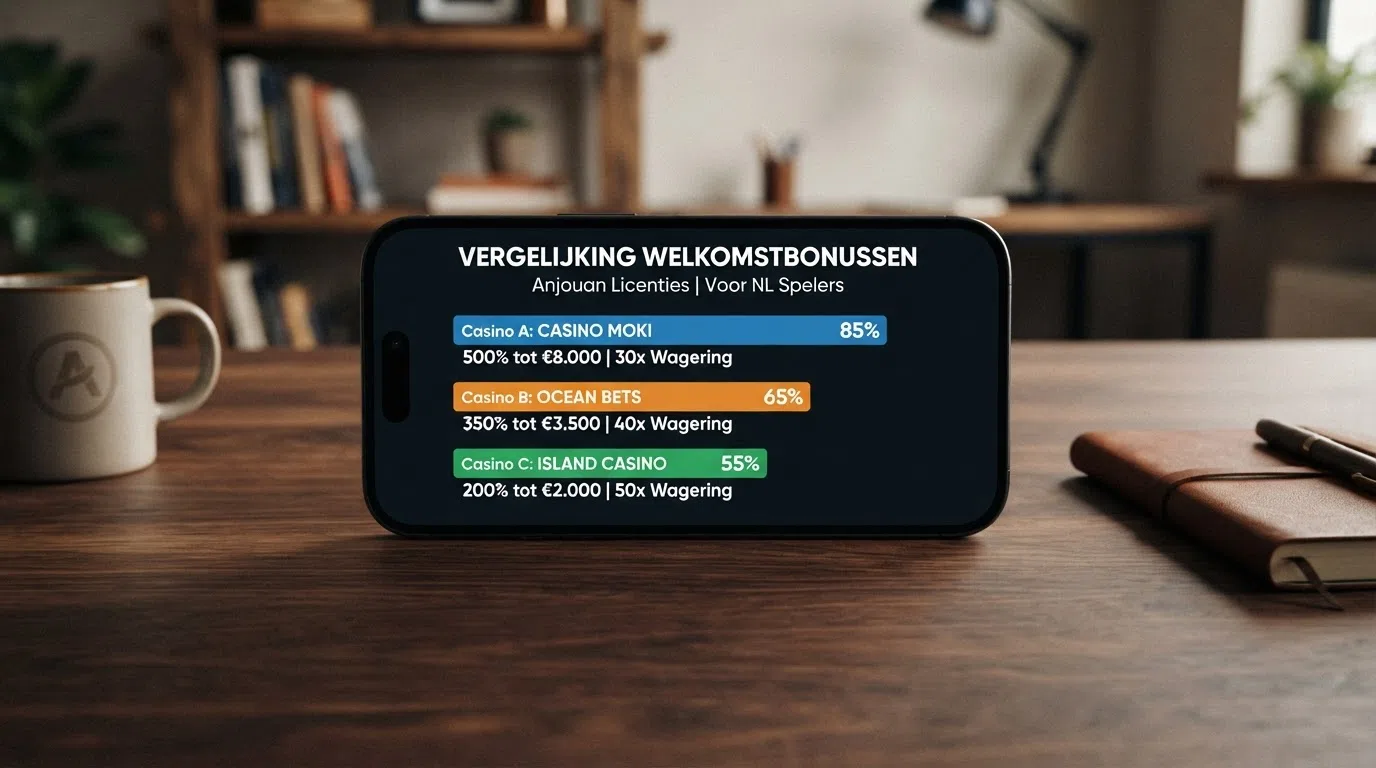 Een overzicht van welkomstbonussen, inzetvereisten en spelaantallen van Anjouan-casino's in tabelvorm