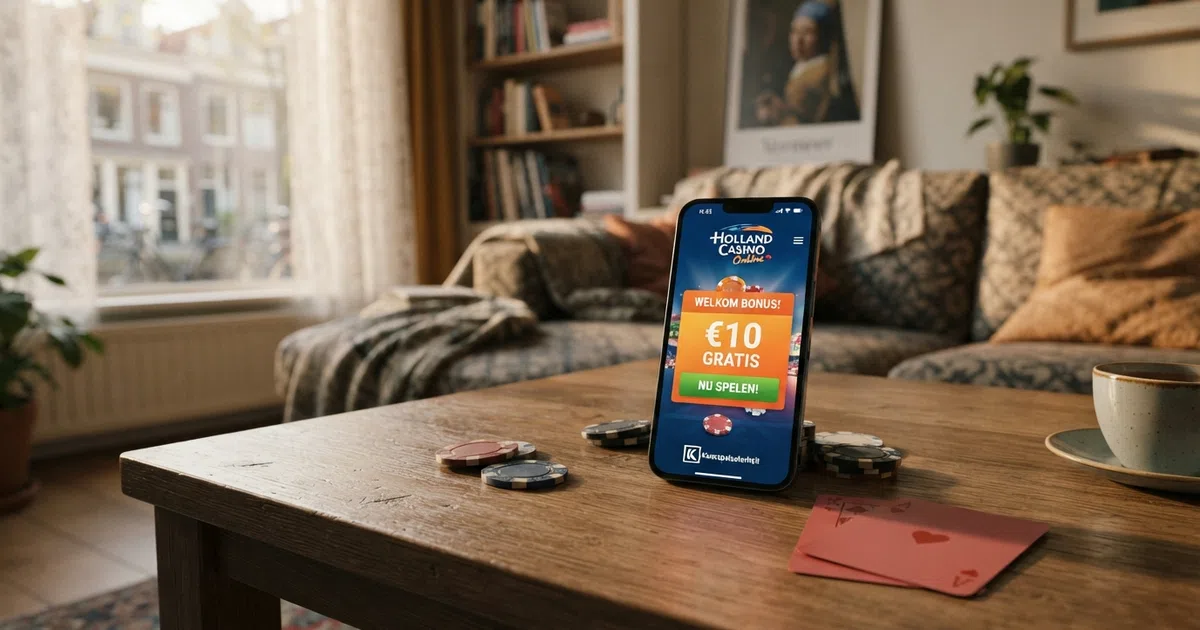 Een overzicht van Nederlandse online casino bonusaanbiedingen met speelkaarten, fiches en een smartphone die een legale casino-app toont