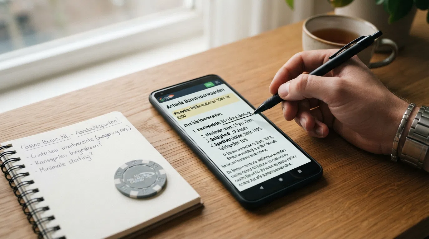 Een smartphone toont de bonusvoorwaardenpagina van een online casino met inzetvereisten en geldigheid uitgelicht