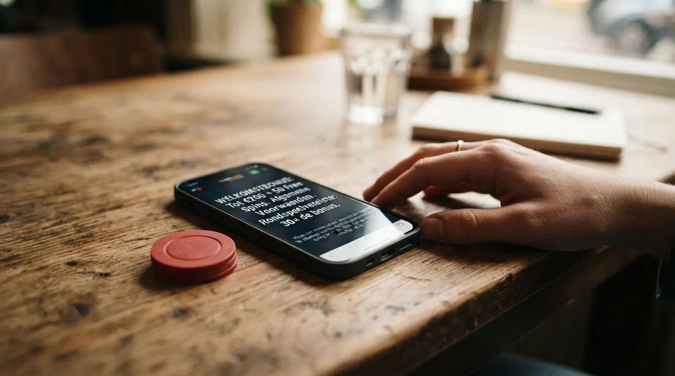 Een uitgestalde reeks casinochips en fiches naast een telefoon met een bonusvoorwaarden-scherm
