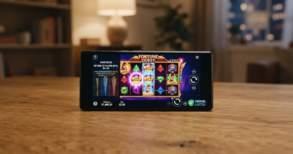 Een overzicht van de interface van een online casino met gokkasten, uitbetalingspercentages en een KSA-keurmerk in beeld