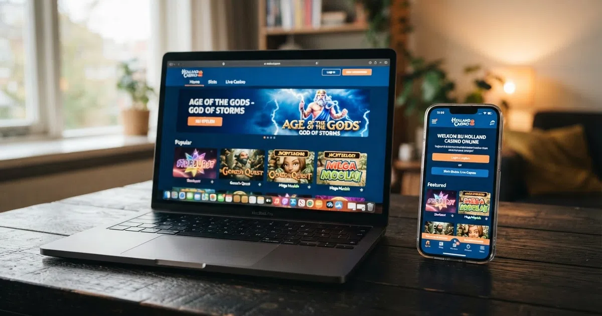 Het online casino-platform van Holland Casino op een laptop en smartphone, met het herkenbare blauw-witte logo en een spellobby op het scherm