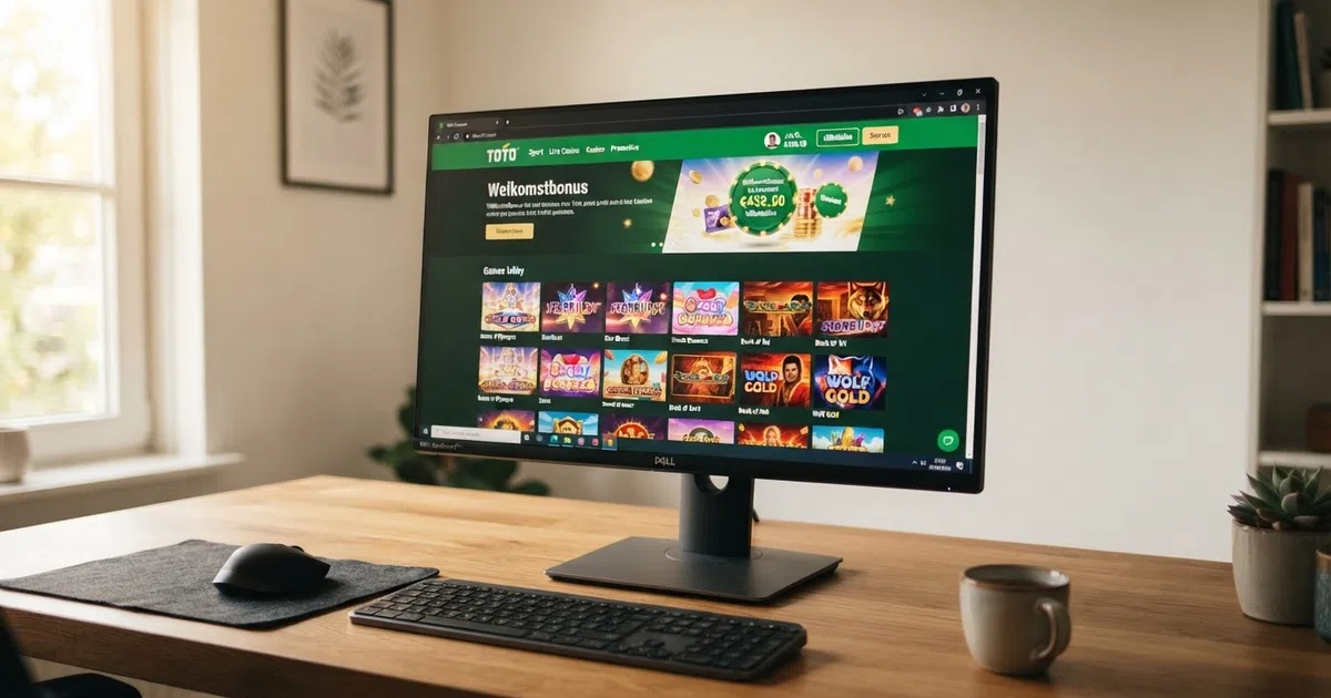 Toto Casino homepage op een desktopscherm met het logo, hoofdnavigatie en spelaanbod in beeld