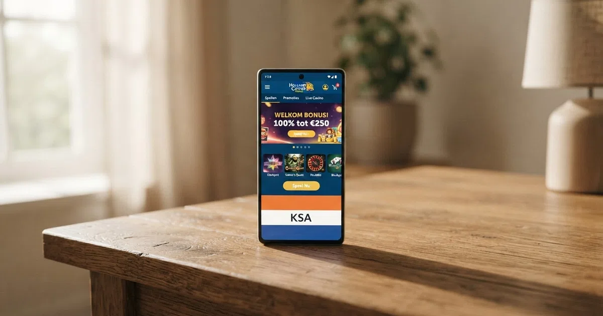Een schermafbeelding van de homepage van een Nederlands online casino met het KSA-keurmerk duidelijk onderaan de pagina in beeld — naast het vergunningnummer
